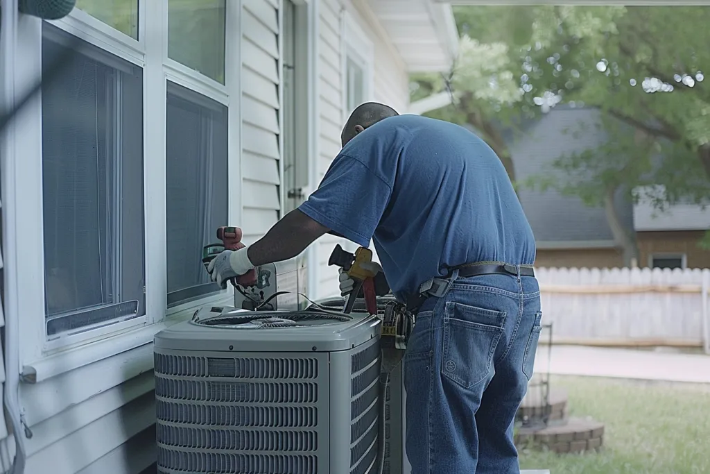 Foto eines Technikers, der vor einem Haus an einer Klimaanlage arbeitet