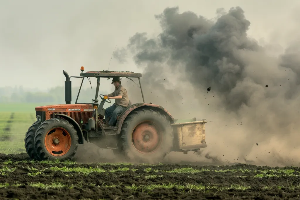A tractor is plowing up soil and the man driving it has his head in an open beige bucket