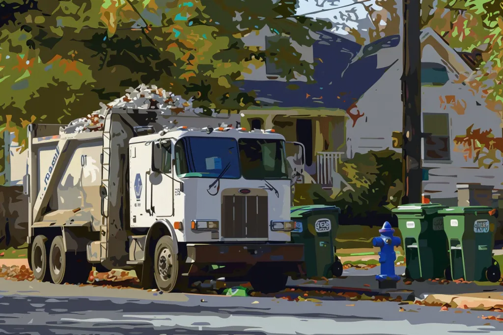 A white garbage truck with green trash cans