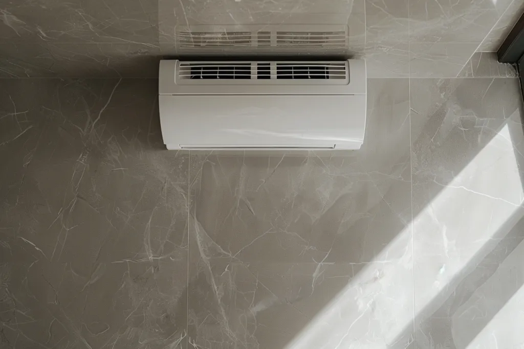 Un climatiseur mural blanc est monté au plafond