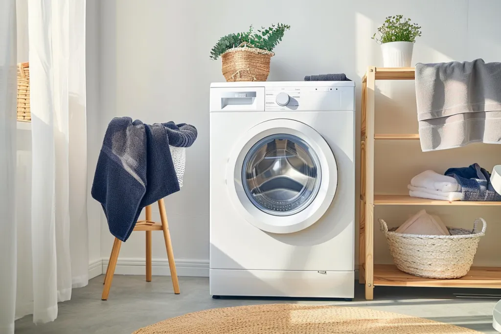 A white washing machine in the center of an apartment