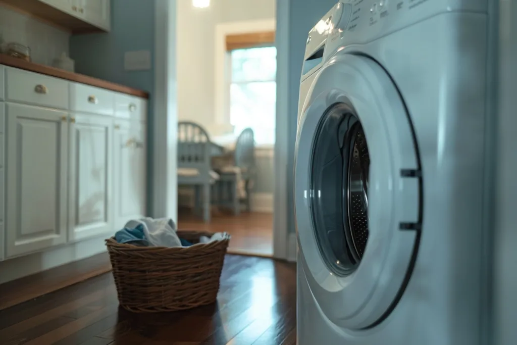 Mesin cuci berwarna putih ditempatkan di ruang cuci