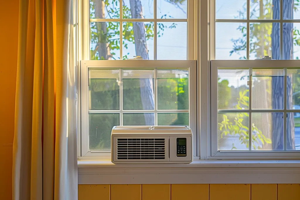 Um ar condicionado de janela está montado na parede