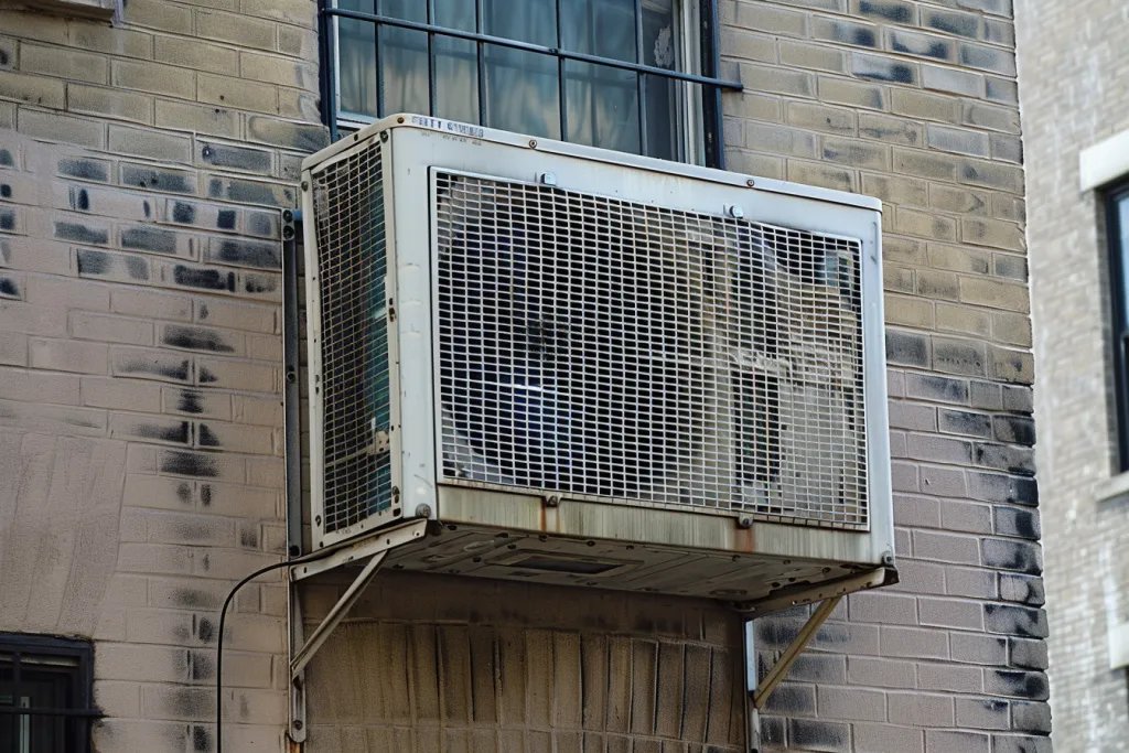 Um ar condicionado de janela com uma grande caixa externa branca e tela de metal preta