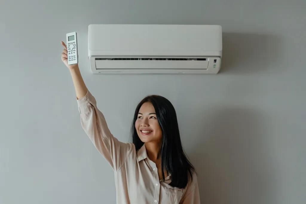 A woman holding up an air conditioner remote control