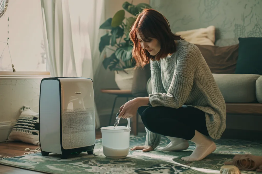 A woman is kneeling on the floor next to a dehumidifier