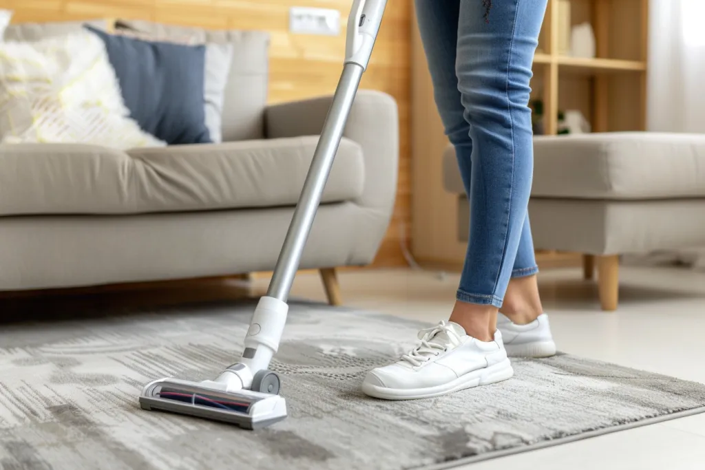 A woman is using a cordless vacuum cleaner