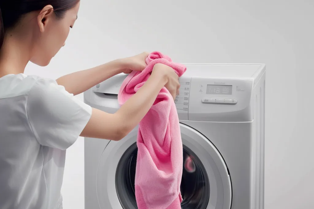 Una mujer está usando la lavadora para lavarse.