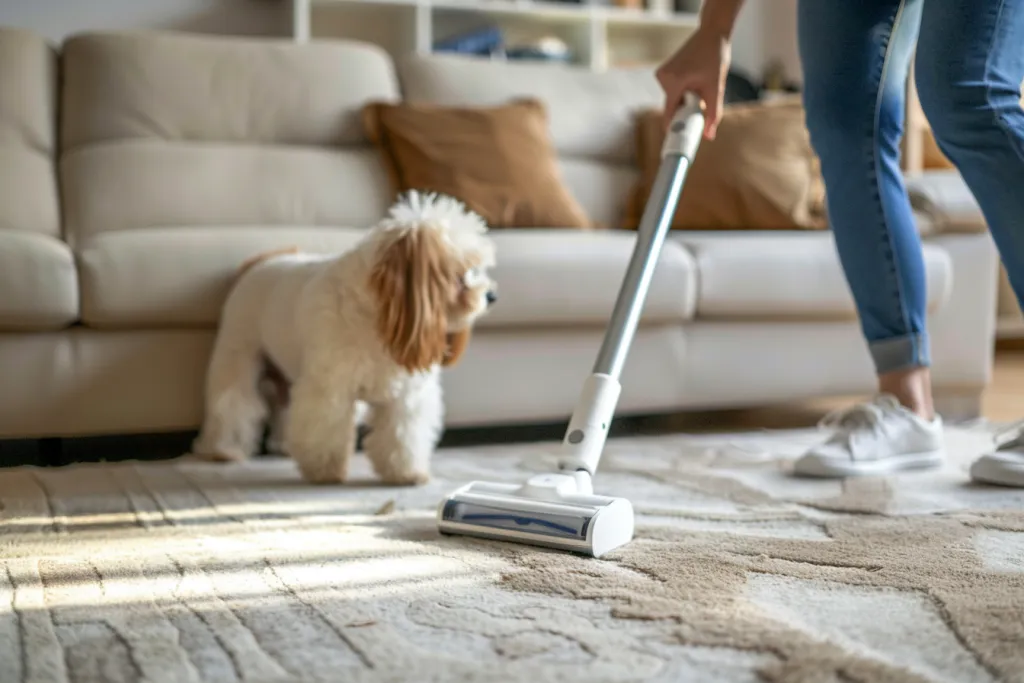 A woman is using the white and grey colored vacuum cleaner