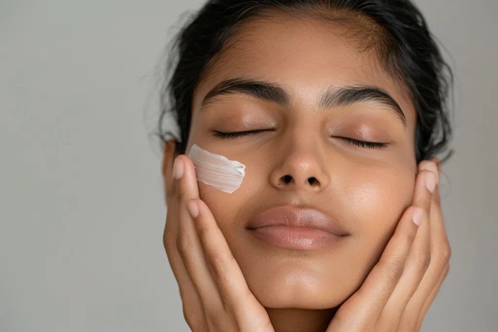 Una mujer india con los ojos cerrados, aplicándose crema en la mejilla.
