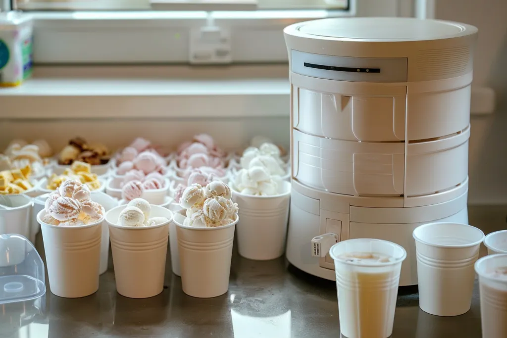 An upright commercial ice cream maker with white and beige cups of different sizes