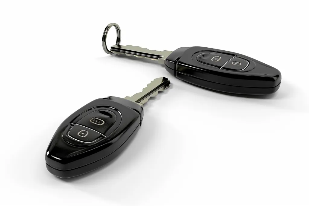 Auto-Funkschlüssel mit und ohne Schlüsselanhänger auf weißem Hintergrund,