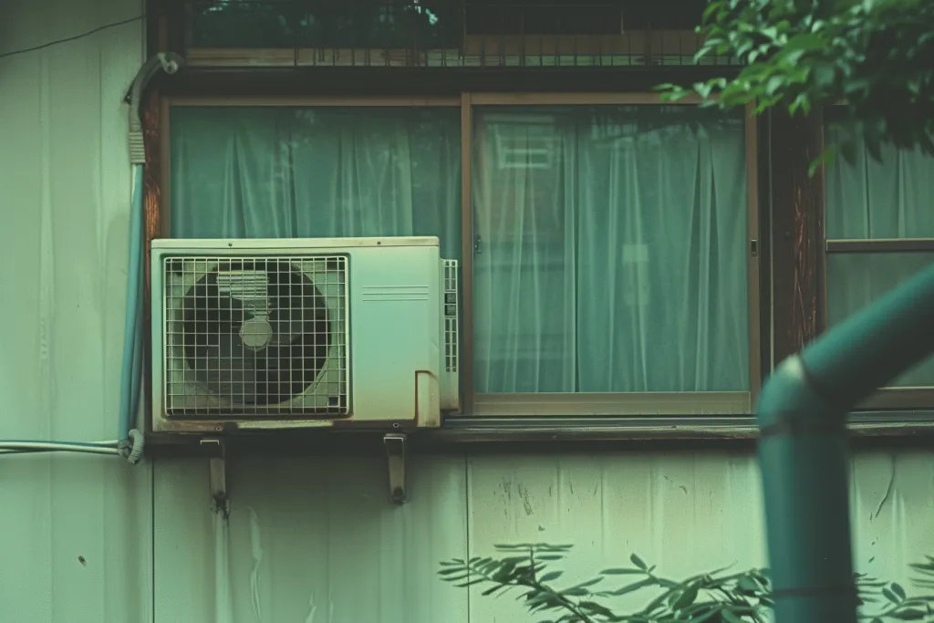 photo d'un climatiseur à fenêtre ouverte sur le mur latéral d'une maison