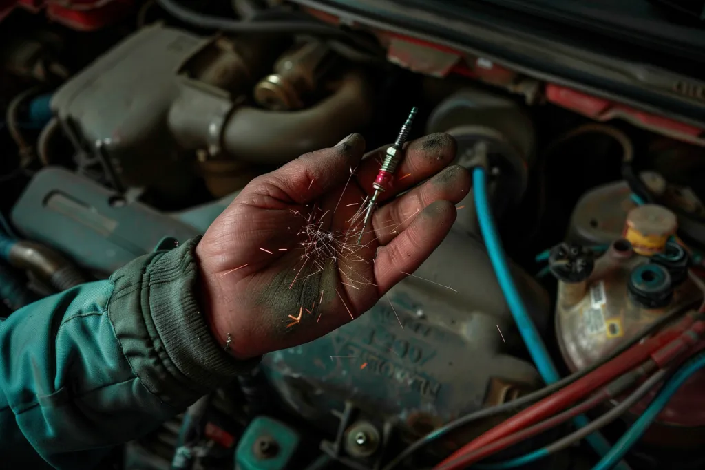 Closeup of a mechanic's hand holding a new spark plug