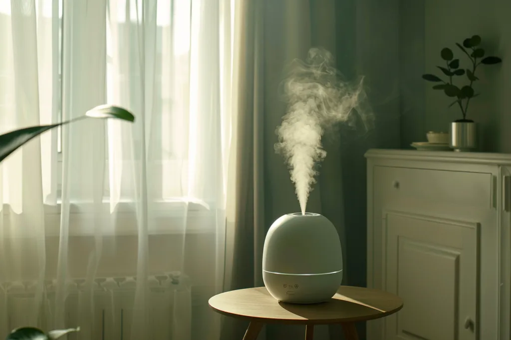 há um purificador de ar em cima de uma pequena mesa