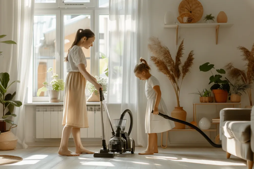 Foto de mãe e filha limpando a sala com aspirador de pó