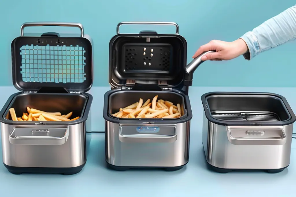 Three deep fryers of different sizes are shown