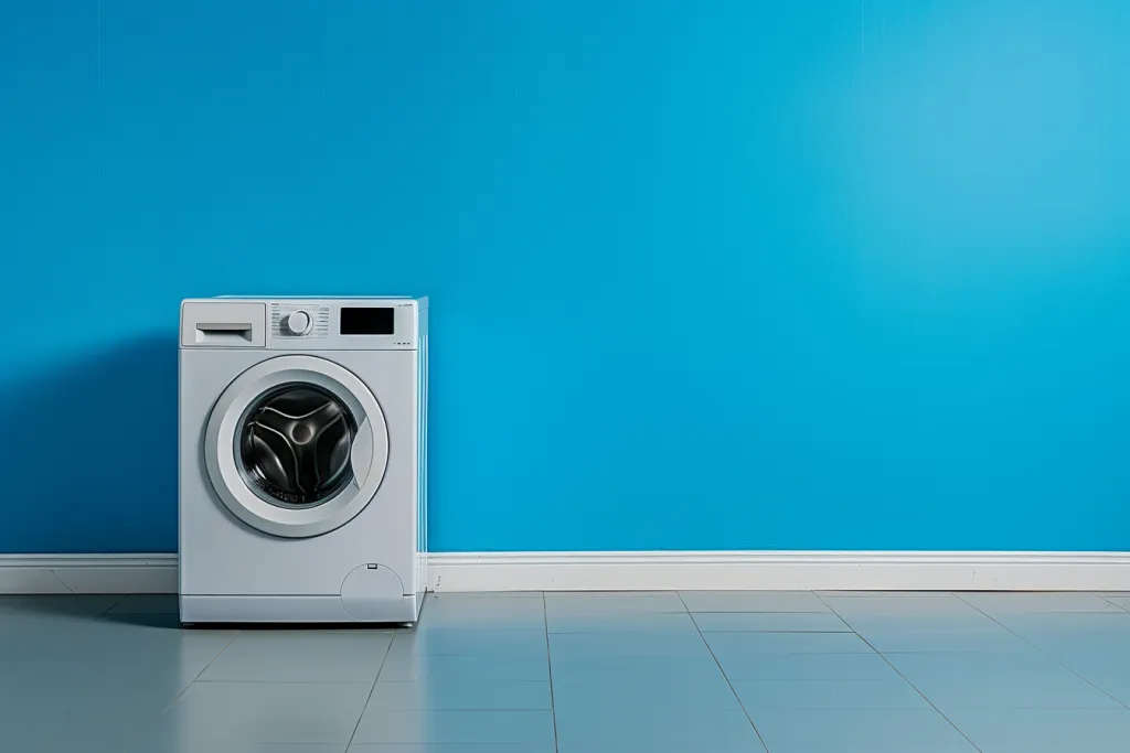 White washing machine on blue wall background with empty space