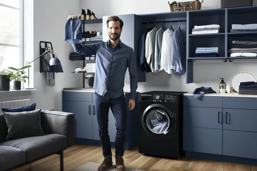 a man holding up an ironed shirt in his modern laundry room