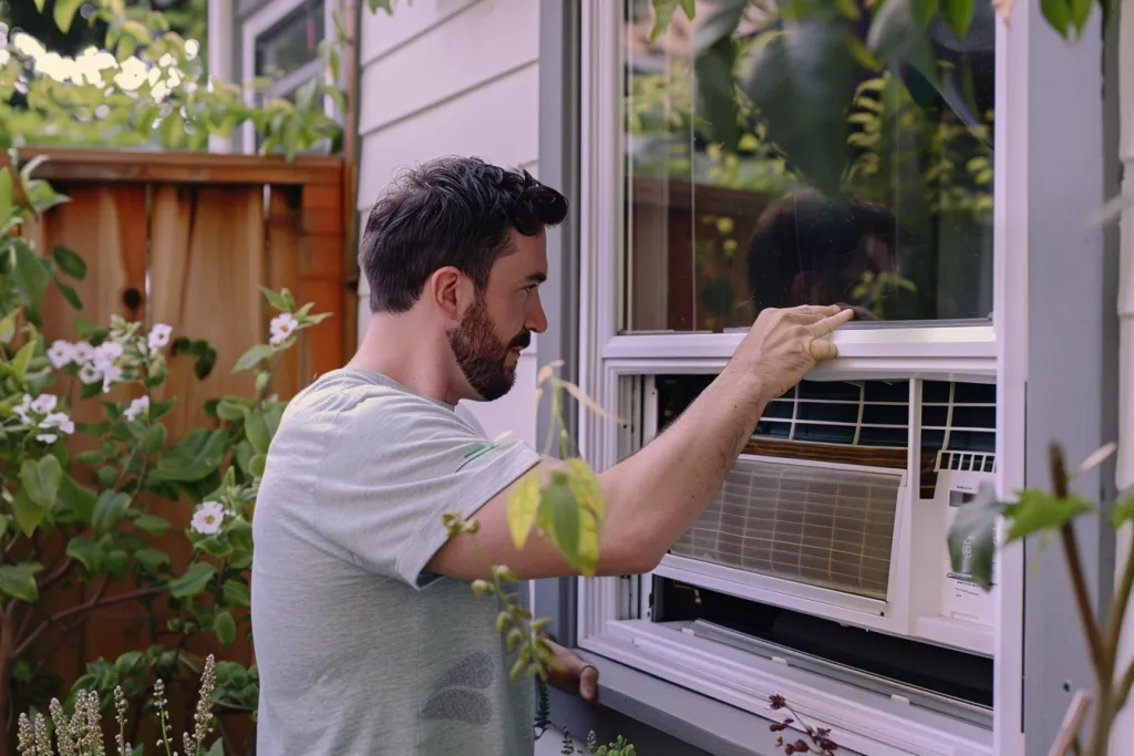 homme mettant en place un climatiseur de fenêtre