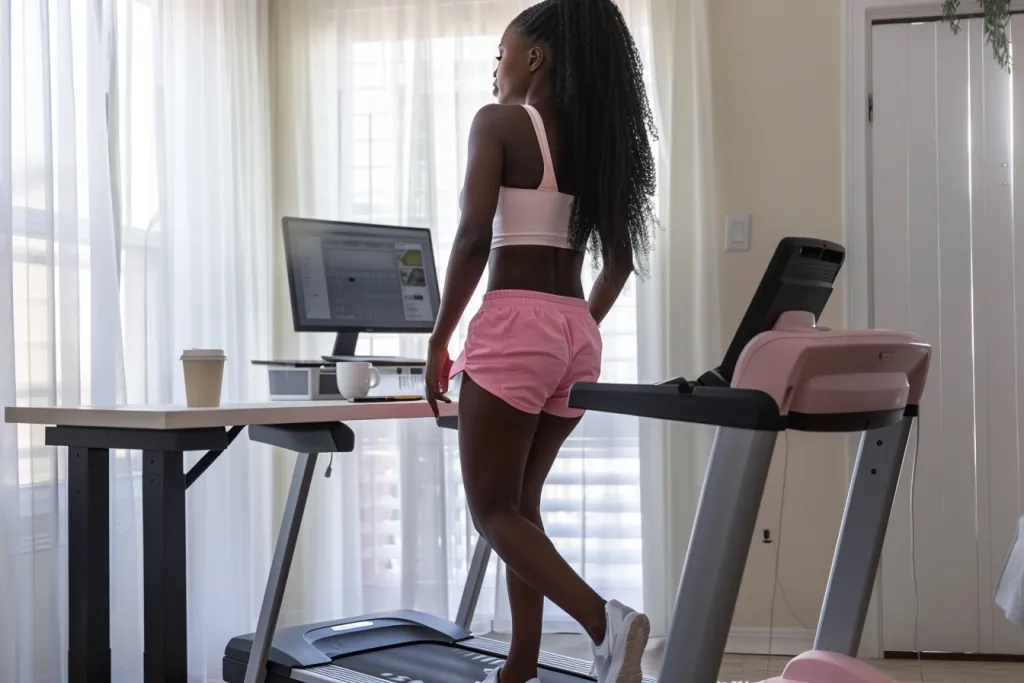 an African American woman walking on a treadmill