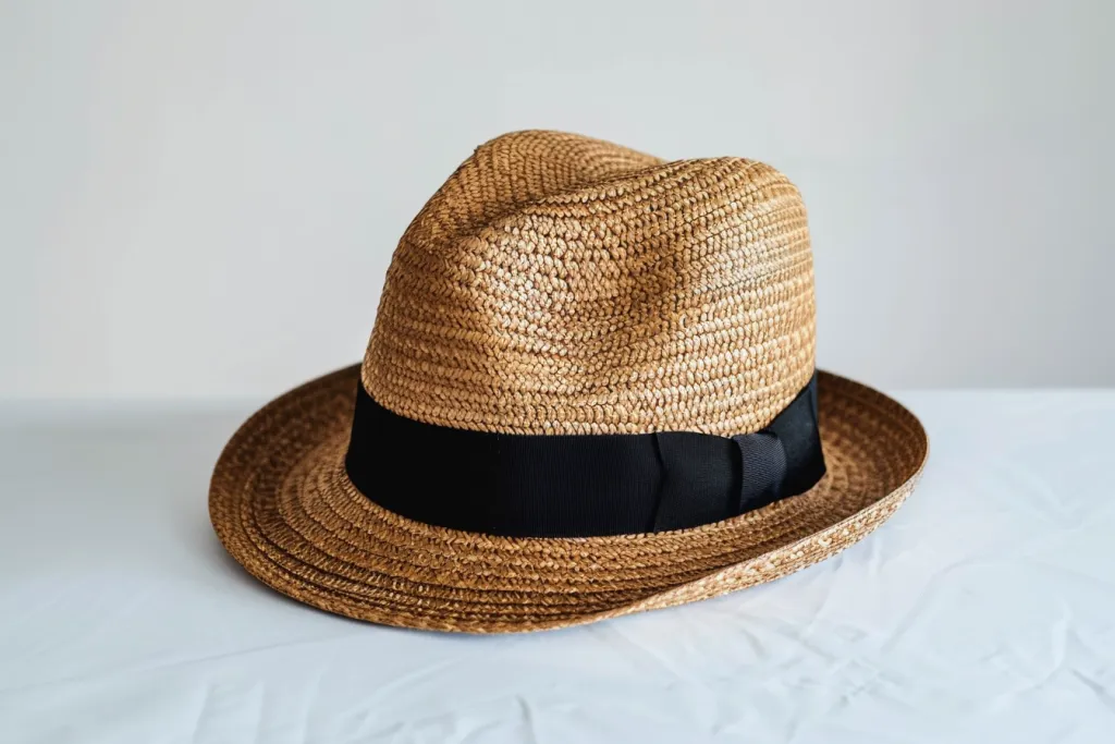um chapéu de palha totalmente natural com faixa preta
