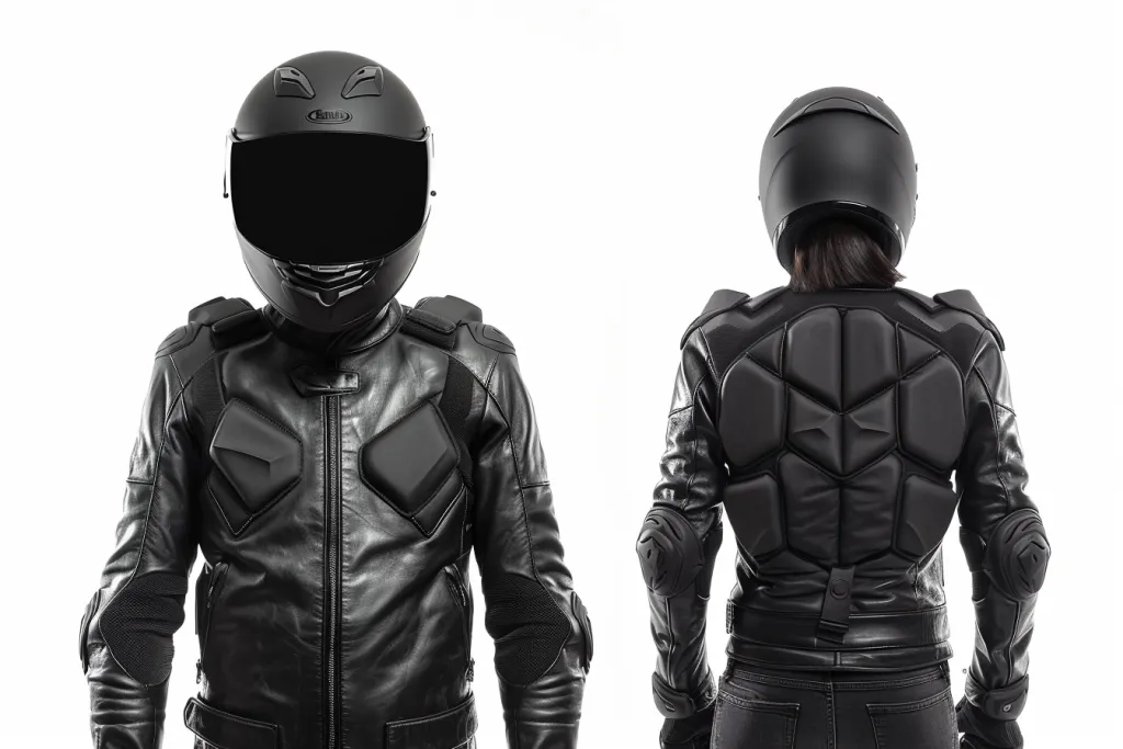 Vista posterior de la misma persona con chaleco de motociclista con almohadilla frontal.