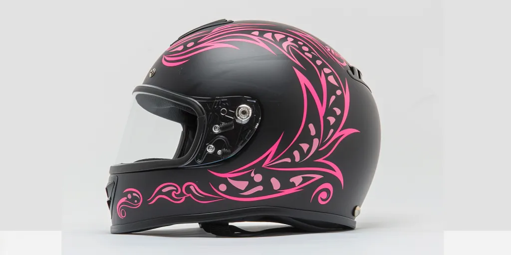 ピンクのトライバルデザインの黒マットハーフヘルメット