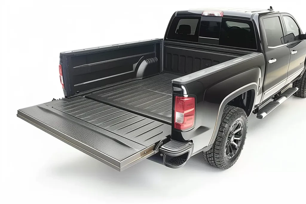 brushed black deckit truck bed with open tailgate on white background