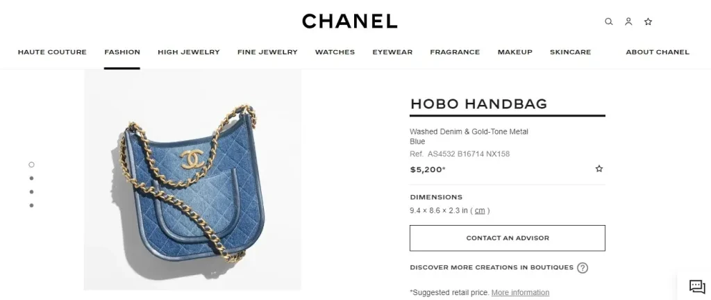 Chanel's handbag product page showing the 'contact advisor' CTA