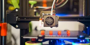 Close-up de uma impressora 3D fazendo pequenos objetos laranja