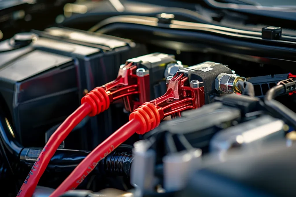 gros plan sur une batterie de voiture chargée avec des câbles rouges et noirs connectés au sommet