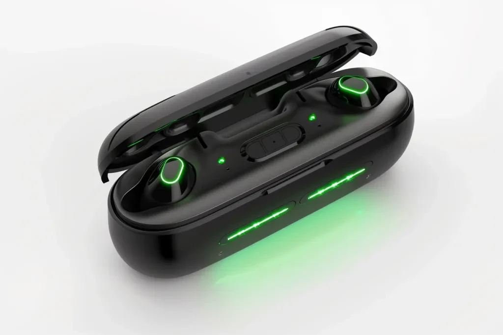 compact wireless ear Lawson earphone case with green LED lights