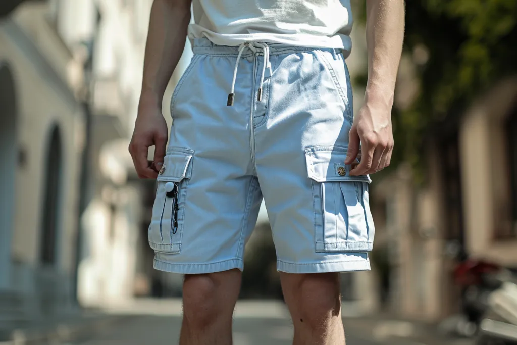 Crea unos atractivos pantalones cortos cargo de color azul claro para hombre con bolsillos laterales.