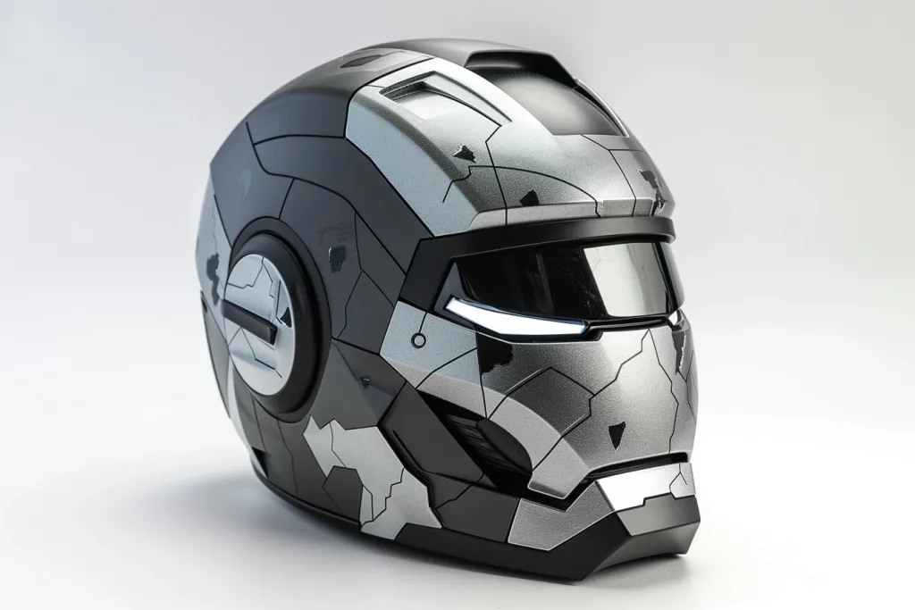 Créame un casco de motocicleta vacío con el diseño de la máquina de guerra de Marvel.