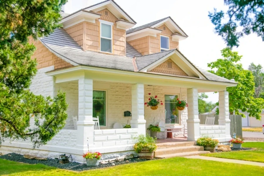 front porch with hanging flower pots