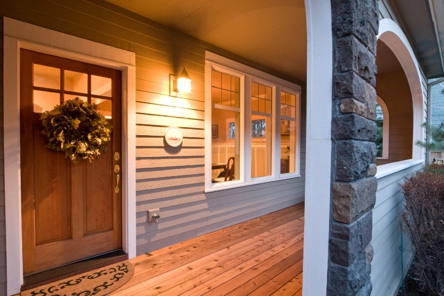 front porch with lights on