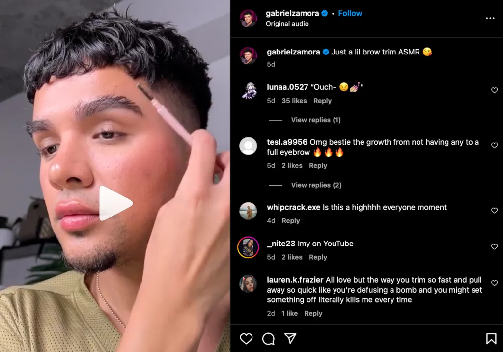 Gabriel fazendo as sobrancelhas no Instagram Reels