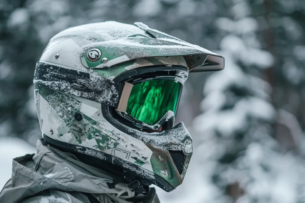 grüne Schutzbrille oben, schwarze Gesichtsmaske