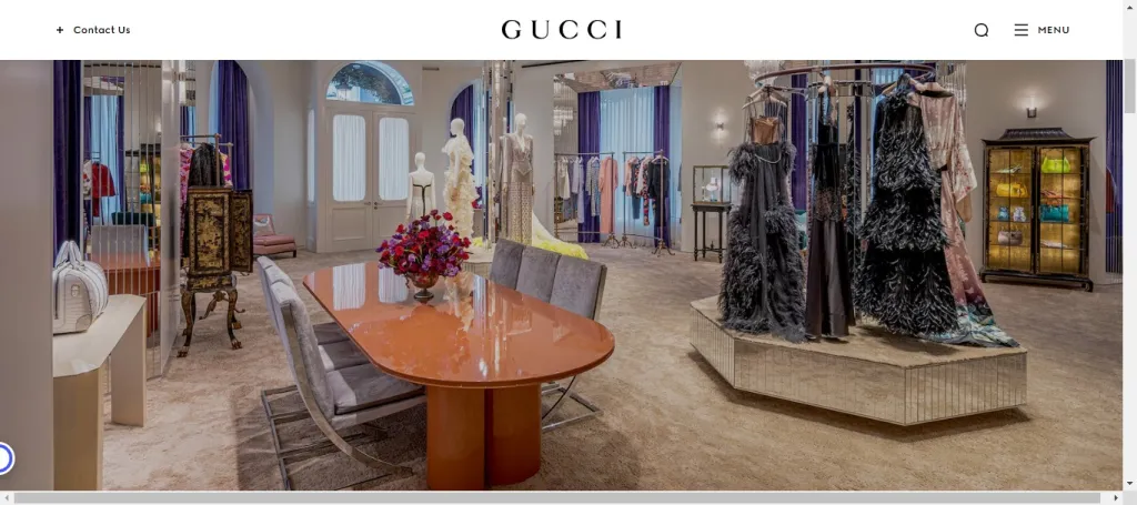 Page d'accueil du salon Gucci présentant sa boutique de luxe