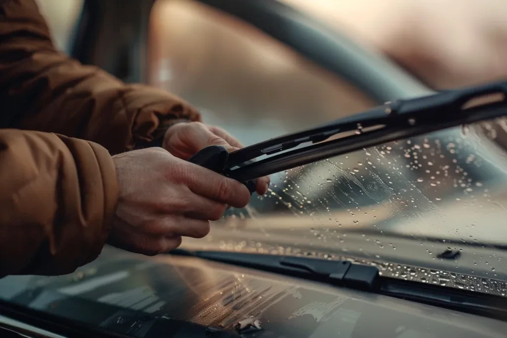 hands holding the rusty black rubber blades of the windscreen