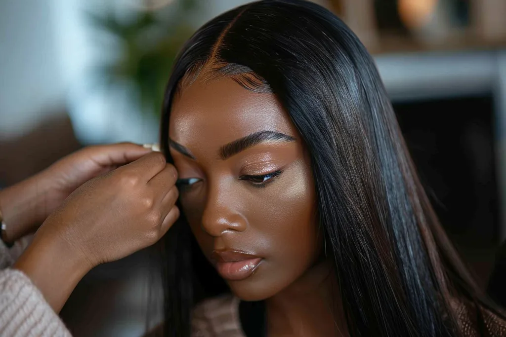 her hair styled in the style of an easy lace wig with baby hairs highlighted