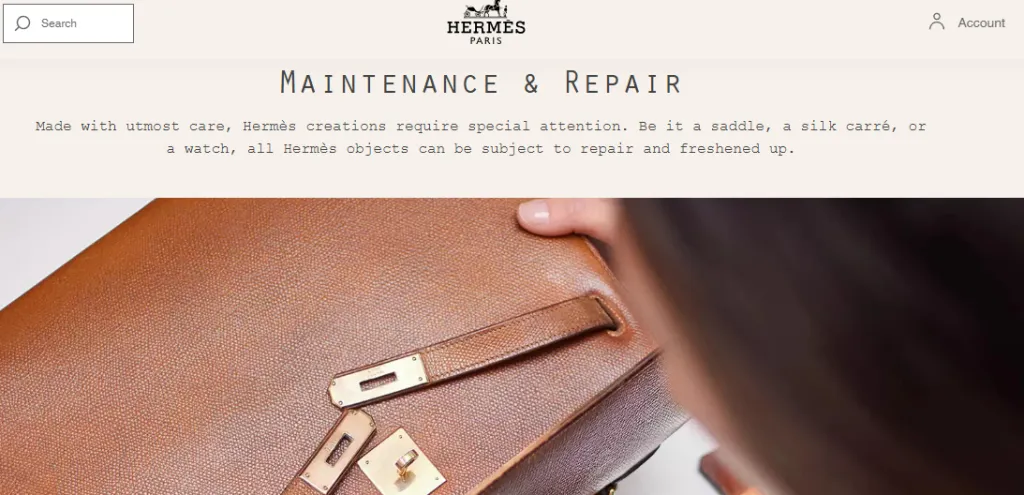صفحة الصيانة والإصلاح الخاصة بشركة Hermès
