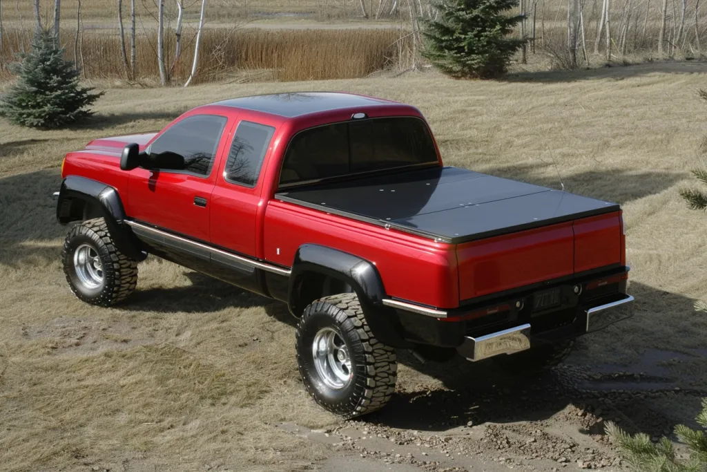 high angle photo of the rear side view, wide body truck with large tinted windows