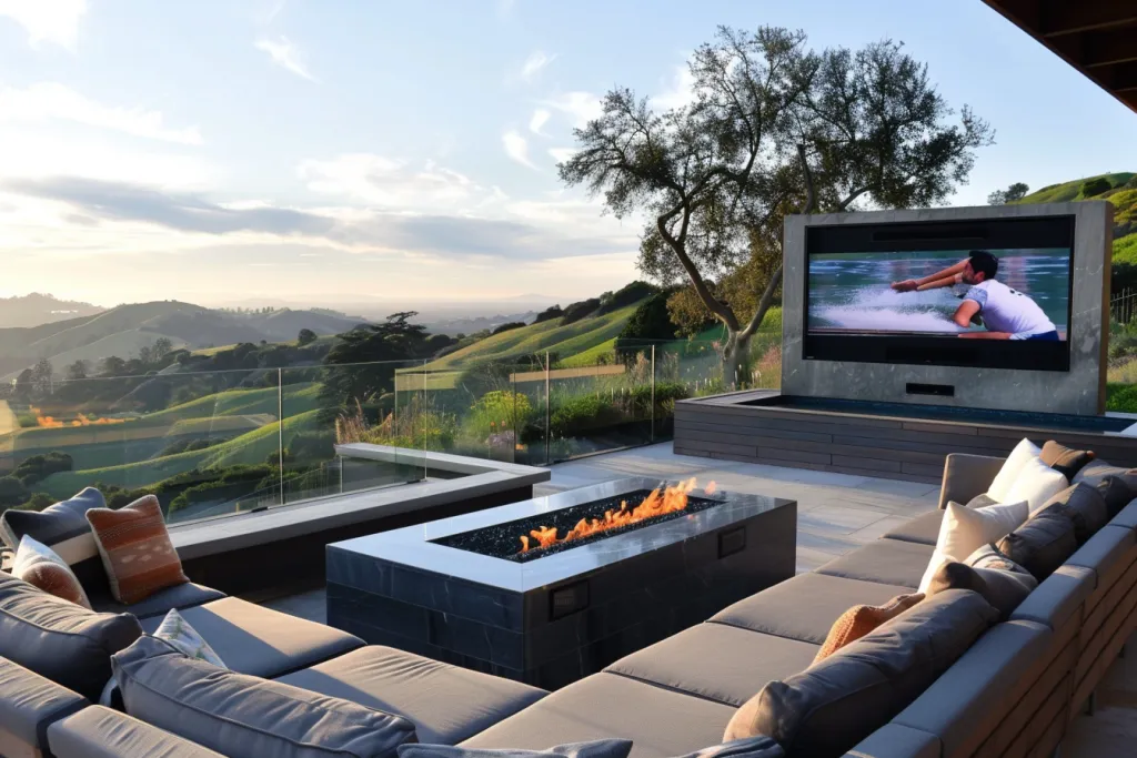 high-end outdoor TV cabinet with built-in fire pit and seating area