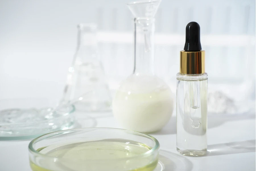 laboratory dishes and glassware on a lab table