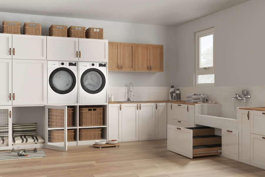 Pet friendly modern white and wooden laundry room
