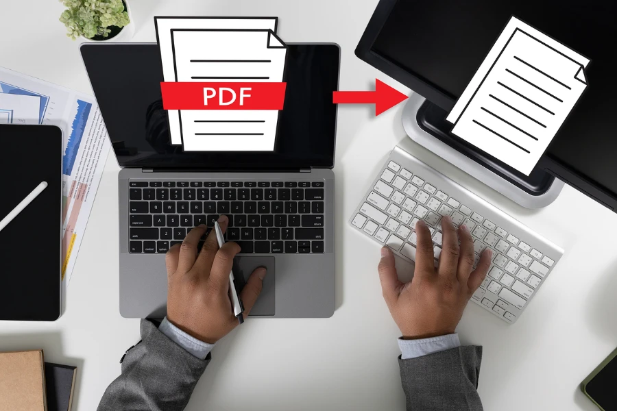PDF-Schaltfläche auf dem Bildschirm eines Laptop-Computers
