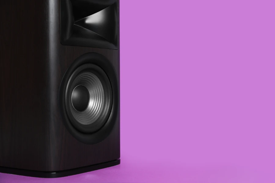 One wooden sound speaker on violet background