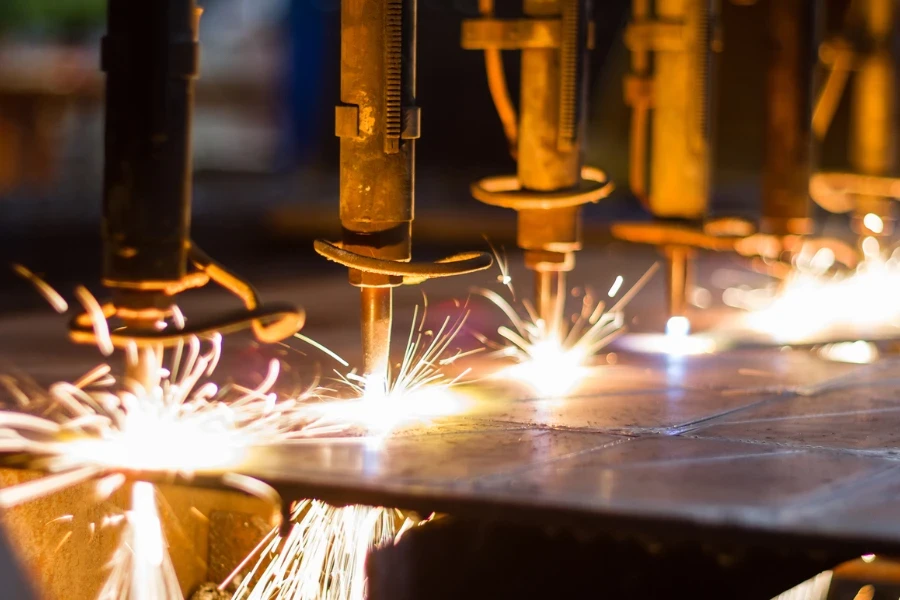 CNC LPG cutting with sparks close up
